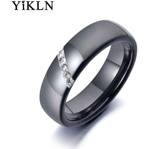 YiKLN Trendy Black Ceramic Crystal Wedding Ring Jewelry For Women Girls Stainless Steel Clay Rhinestone Engagement Ring YR19069