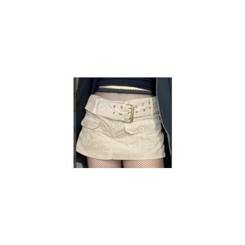 Womens Belted Denim Skirts, Female Spring Summer Fall Mid Waist Solid Color Short Mid Waisted Jean Skirts with Flap Pockets