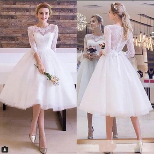 2021 Vestidos de Novia See through Back Pretty Long Sleeves Plus size Scoop Tea-Length Lace Short Wedding Dresses Bridal Gowns