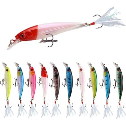 10Colors 10.5Cm 7g Mino Fishing Freshwater Beach Luya Bait Fishing Wobbler Artificial Lure Fish Accessories Feather Hook 3D Eyes
