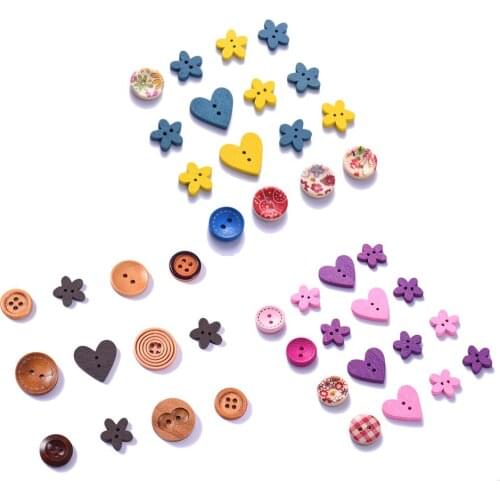 100pcs 15mm Mixed Round Retro Floral Printing Pattern Wood Decorative Button 2 Holes Sewing Wood Button Flatback Scrapbook