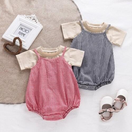 2021 Summer Baby Clothing Set Toddler Infant Sling Plaid Bodysuit with Cotton Solidshort Sleeve T-shirt 2PCS New Born Baby Suit