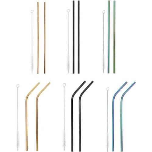 3pcs Reusable Drinking Straws Cleaner Brush Set Stainless Steel Metal Straw