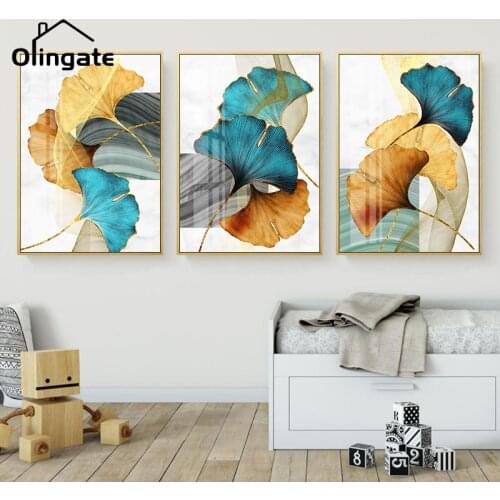 Abstract Poster Nordic Canvas Print Blue Green Yellow Gold Plant Leaf Wall Art Painting One Piece for Living Room Decoration
