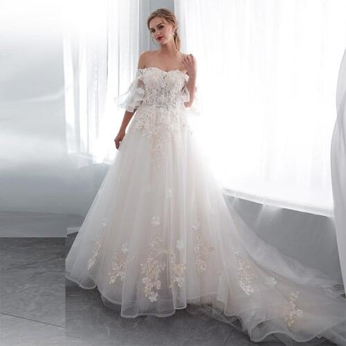 Alagirls 2020 3D Applique Flowers Elegant Wedding Dresses Sweetheart OFF The Shoulder Wedding Gowns Court train vestido de noiva