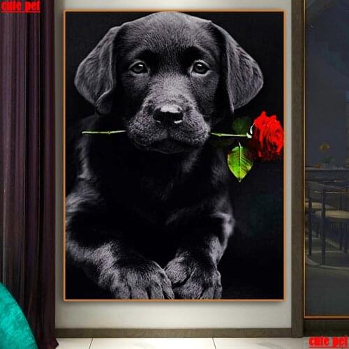 Cute pet DIY Diamond Painting Black dog and rose flower cross stitch Full square round Drill Embroidery Handcraft mosaic Decor