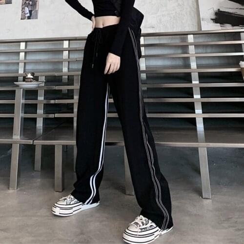 Spring-Autumn Girls High Waist Pants Harajuku Style Retro Side Striped Straight Mopping Pants Loose Casual Wide-Leg Trousers