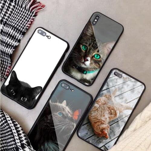 Cute Animal Cat Tempered Glass Phone Case For iphone 12 11 Pro Max 5 6 7 8 X XS XR XSMax Shell 12Pro Max Cover Shell