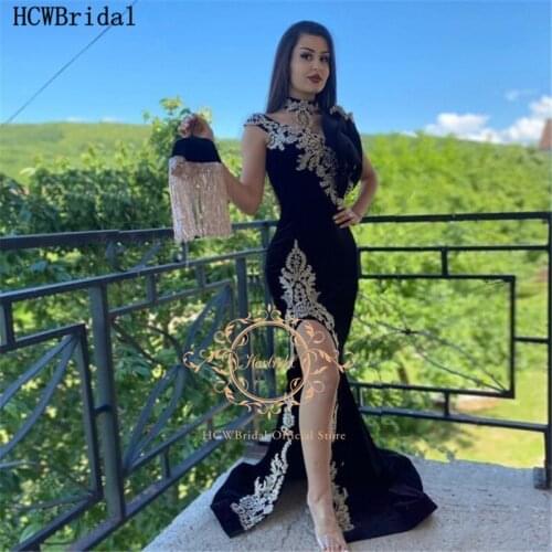 Black Mermaid Evening Dress With Slit Champagne Lace Long Velour Prom Gowns Sexy Arabic Turkey Women Wedding Party Dresses