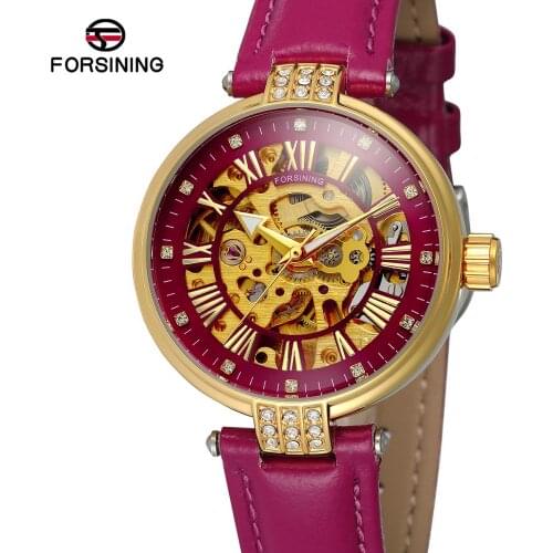 Forsining Women Watches Fashion Diamond Skeleton Ladies Automatic Watches Waterproof Luminous Hands Genuine Leather Relojes