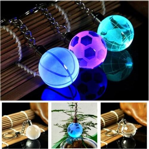 Soccer Basketball Globe Keychain Pendant Colorful Glow 3D Crystal Football Key Ring Soccer Key Chain Birthday Sports Club Decor