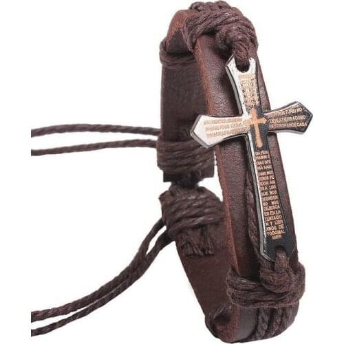 Gnova New Leather Bracelet Charm Cross Spanish Women Men Christian Jewelry Heavenly Father Padre Nuestro