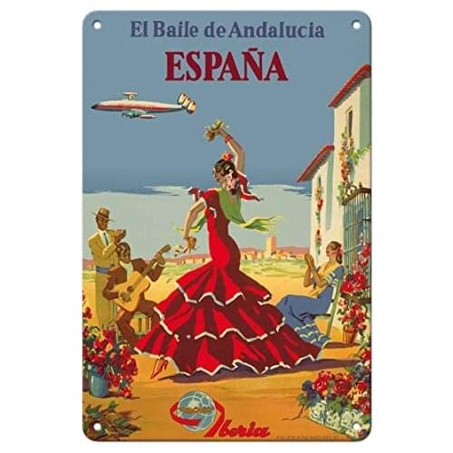 Spain-Andalusia-Iberia Air Lines of Spain-Flamenco Dancers-Airline C.1950s Metal Tin Sign for Bar Club Coffee Living Room Decor