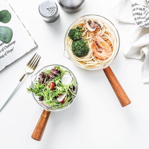 400ml/600ml Glass Pot With Wooden Handle Cooking Heating Milk Soup Porridge Pot Household Open Fire Kitchen Cookware Clay Pot