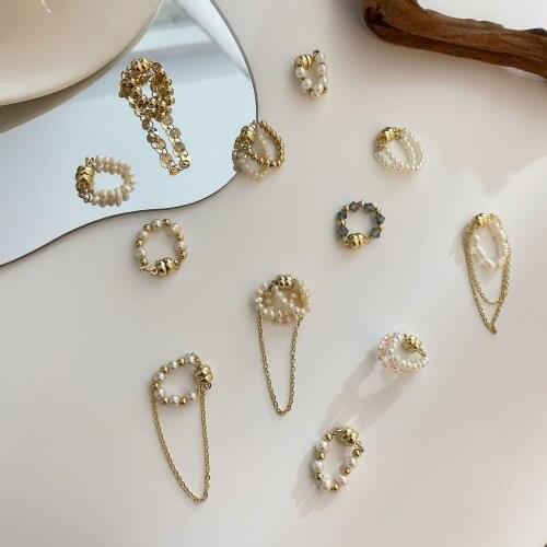 Origin Summer Temperament Geometrical Simulation Pearl Beaded Clip Earring for Women Girls Magnet Tassel Chain Earrings Jewelry