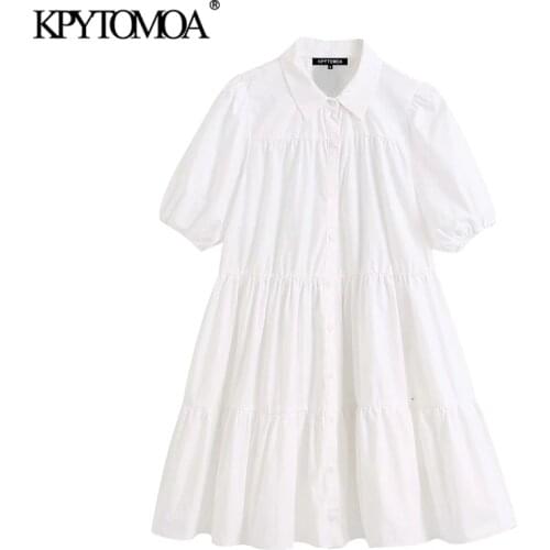 KPYTOMOA Women 2021 Sweet Fashion Ruffled White Mini Dress Vintage Lapel Collar Puff Sleeve Female Dresses Chic Vestidos Mujer