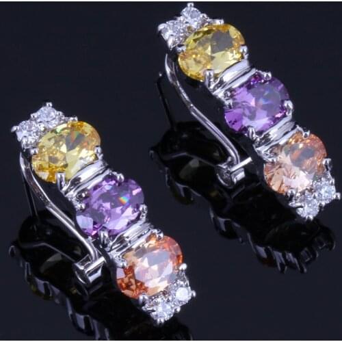 Trendy Oval Multigem Multicolor Brown Cubic Zirconia Silver Plated Clip Hoop Huggie Earrings V0920