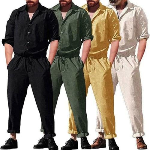 Mens One Piece Rompers Long Sleeve Street Casual Cargo Pants Jumpsuit Overalls