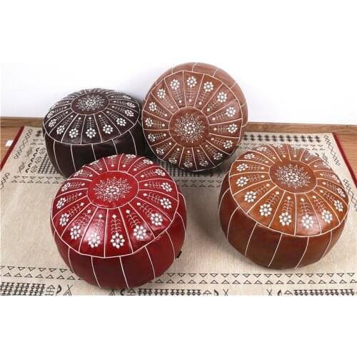 Real First Layer Leather Handmade Morocco Pouf Home Decoration Seat Pillow Cushion Without Core Removable Round Cushion Case