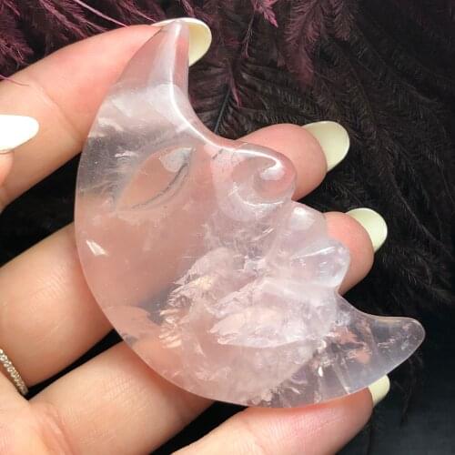 Natural Pink Quartz Crystal Moon face Shaped Gemstone Healing Polished Stones Natural Quartz Crystals