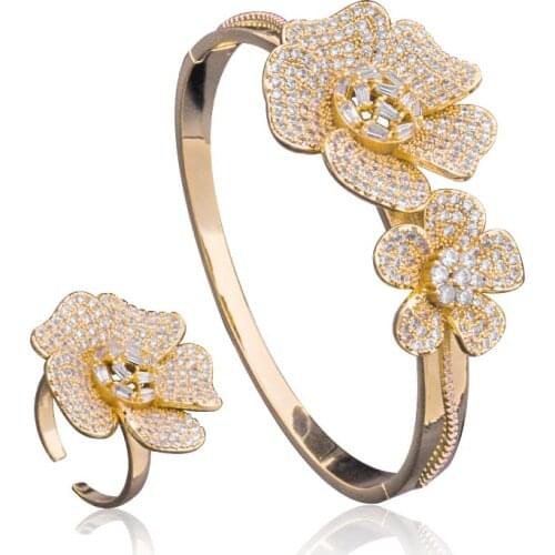 Newness Flower Super Full Micro Paved Cubic Zircon Luxury Daisy Bangle Ring Set Nigerian Jewelry Set For Women
