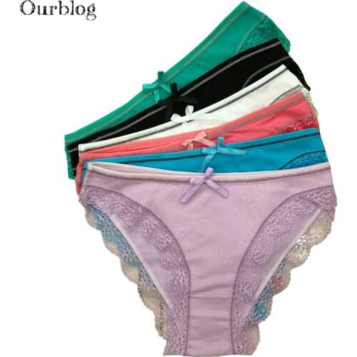 OURBLOG 5pcs /lot Sexy Panties Unique Design Cotton Briefs Solid Color 95%Cotton Lady Underwear Lace Undies Knicker Briefs