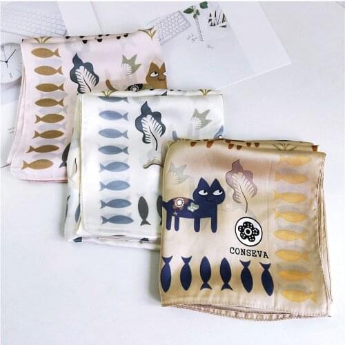 New Women 70cm Spring Autumn cat Print Small Square Scarves Female Headband Hair Tie Band Wrist Wrap Head Bandana FJ291