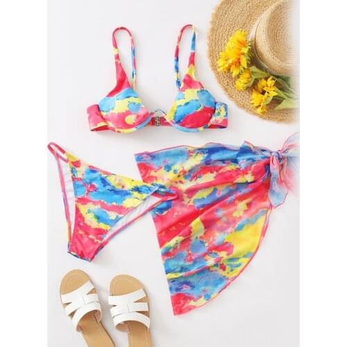 Sexy Red Tie Dye Print 3 Piece Bikini Set Swimsuit Women Push Up Swimwear Mesh Skirt Underwire Bikinis 2021 Mujer Bathing Suit