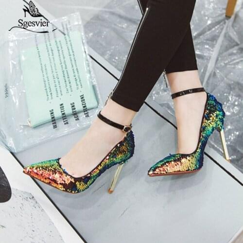 Sgesvier 2020 Spring Ankle Strap Bride Wedding Shoes Sexy Thin High Heels Pumps Gold Silver Glitter Bling Pointed Toe Stilettos