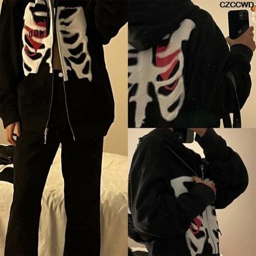 Zip-up Harajuku Y2k Za Korean Style Loose Skull Print Goth Grunge Long-sleeved Hooded Coat Retro Black Shirt Aesthetics Hoodie