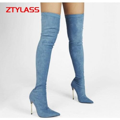 Autumn Winter Women Shoes Sexy Metal Stiletto Women Stretch Over The Knee Boots Suede Slip On Thigh Boots Pointed Toe Lady Shoes