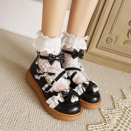 YMECHIC Big Size 43 Mary Jane Pumps 2021 Autumn New Style Sweet Bow Lace Lolita High 4cm Thick Bottom Cosplay Womens Shoes