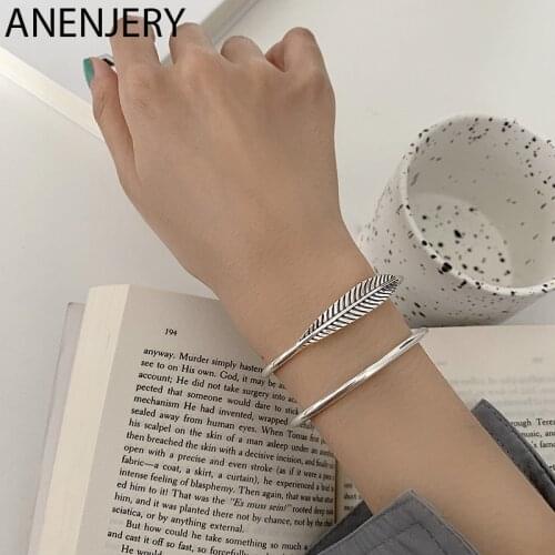 ANENJERY 925 Sterling Silver Leaves Bracelet for Women Geometric Simple Open Cuff Bangle Gifts S-B503