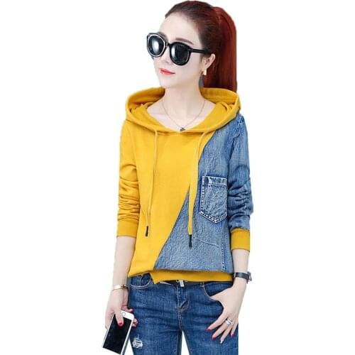 Fashion Womens Hoodie Tracksuits 2020 Spring Casual Jacket Short Hooded Denim Splice Jacket Ladies Pullovers Tops Sportswear