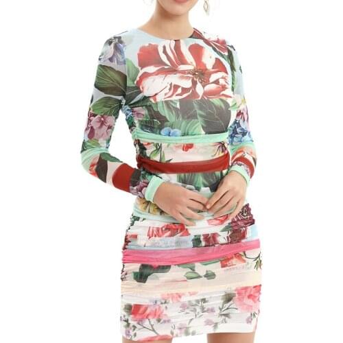 Fashion Mesh Designer Women Print Dress Elegant O-Neck Long Sleeve Sheath Dresses 3287