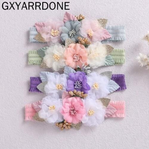 2021 Pastel Color Newborn Pearl Flower Headbands Baby Artificial Vintage Flower Elastic Hairbands Kid Girls Hair Accessories