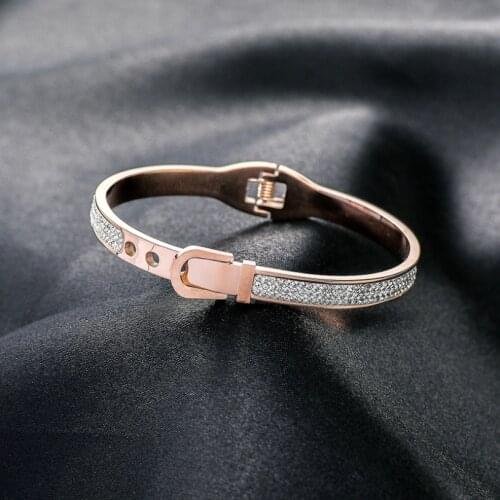 316L Stainless Steel New Fashion Upscale Jewelry Rose Gold Color Belt Buckle shape Zircon Charms Bracelet Bangles For Women