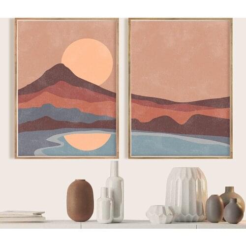 Abstract Mid Century Wall Art Canvas Painting Terracotta Sun Minimalist Mountain Landscape Poster Boho Prints Home Decor