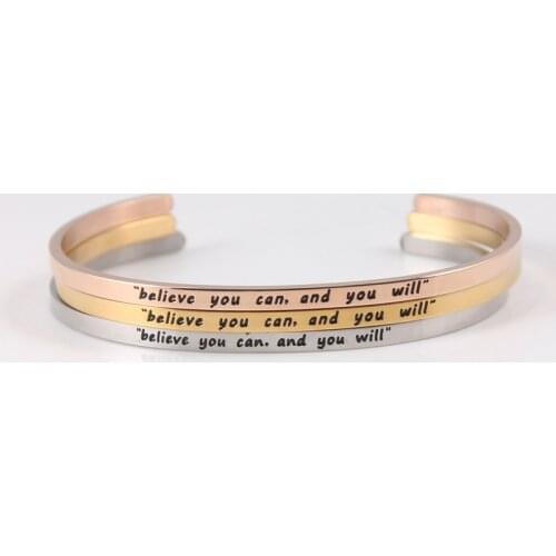 Believe You Can and You Will Hot Color Custom Stainless Steel Engraved Message Bracelet Positive Inspirational Letter Bangle