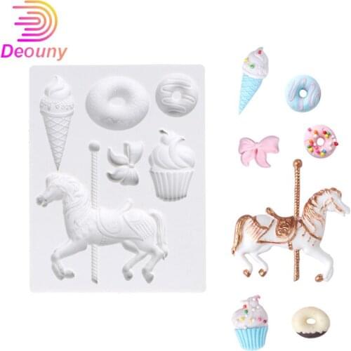 DEOUNY 6 Holes Trojan Baby Fondant Cake Molds Carousel Horse Cake Decoration Silicone Mould Chocolate Ice Cream DIY Baking Tools