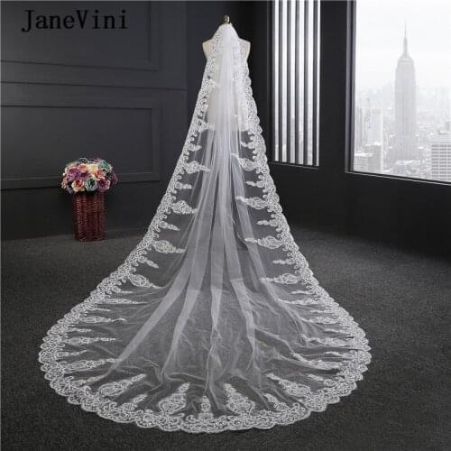 JaneVini 3.5M White Cathedral Wedding Veils with Sequined Luxury Lace Appliques Edge Tulle Bridal Veils with Comb Bruids Sluier