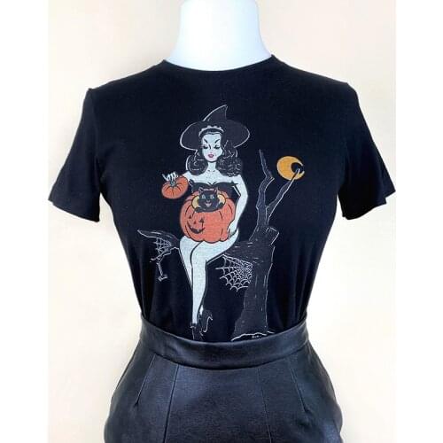 The Black Cats Boo Kitty T Shirt for Women Streetwear Tops Harajuku Halloween Witch Graphic Tee Kawaii Pumpkin Tshirt Woman Top