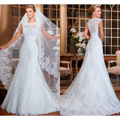 Graceful vestidos de noiva Cutton Back Dress Beading Wedding dress VERNASSA Sheath Lace Wedding Dresses with Chapel Train