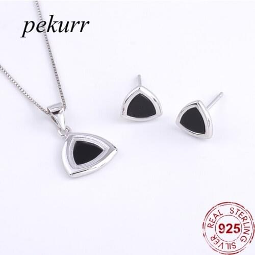 Pekurr 925 Sterling Silver Mini Agate Rounded Triangle Earrings Necklace Sets For Women Simple Geometry Pendants Jewelry Set