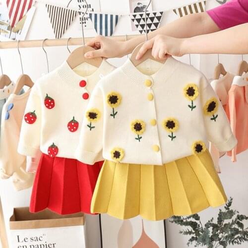 Toddler Girls Clothing Set Autumn Winter New Kids Cute Sweater Suits Lovely Strawberry Sweater Skirt 2pcs Set for Girl 2-6 Years