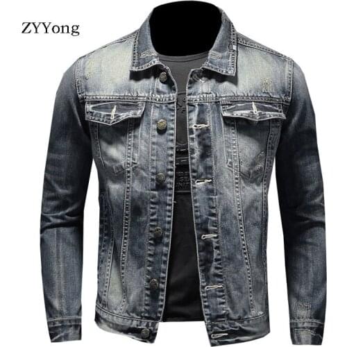 Spring European Style Turndown Collar Bomber Pilot Blue Denim Jacket Men Jeans Coats Motorcycle Casual Outwear Clothing Overcoat