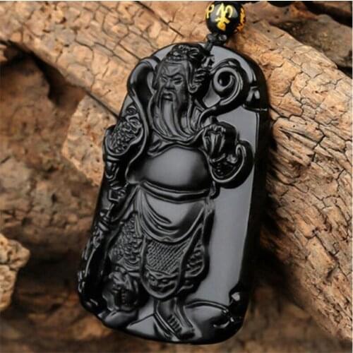 Copper Statue 100% Natural Obsidian Hand-carved Guan Gong Guan Yu Lucky Amulet Pendant Necklace
