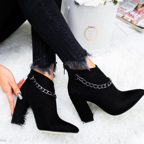 Fashion Chain Womens Boots Leather Heels Back Zipper Woman Boots Pointed High Heels Shoes For Women 2021 Ankle Boots Female