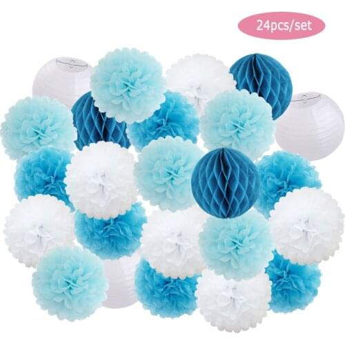 Mi Primera Comunion Party Favor 24pcs/set 6" 8" 10" 12" White Round Paper Lantern Kids Birthday Decor Pink Hanging Paper Pompom
