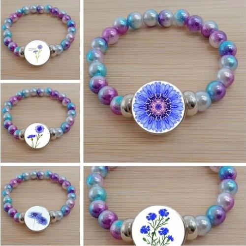 New Arrival Cornflower Keychain Blue Flower Carnation Art Picture Glass Gem Color Bead Bracelet Holder Charm Womens Gift